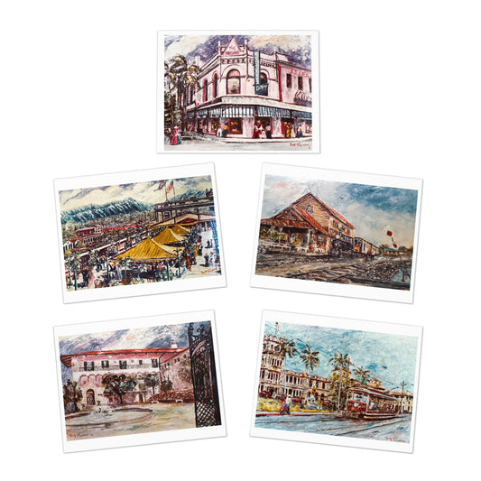 Vintage Oʻahu in Motion – Greeting Cards Featuring Trolleys, Trains, Markets & Historic Buildings – 5-Pack