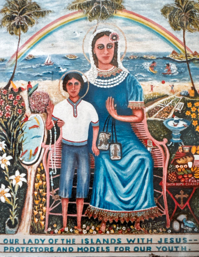 Religious Decorative artwork of a woman holding a child with a rainbow and tropical elements in the background, painted by fritz sydow